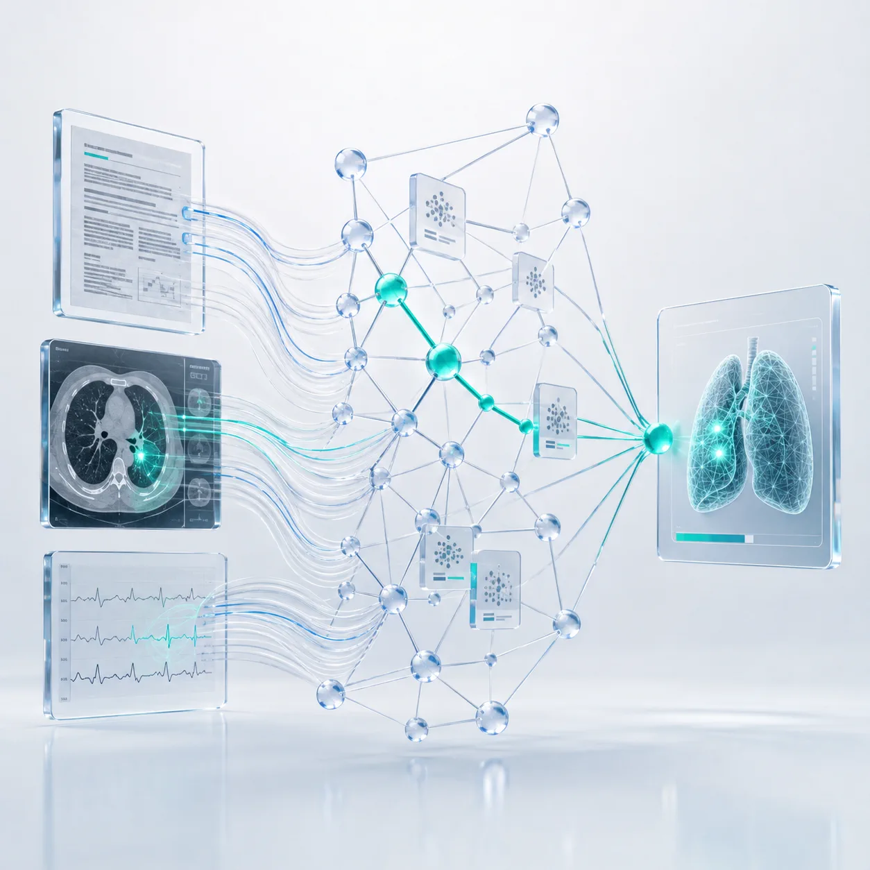 Clinical records, medical imaging, and physiologic data connect through an evidence graph to a traceable clinical insight.